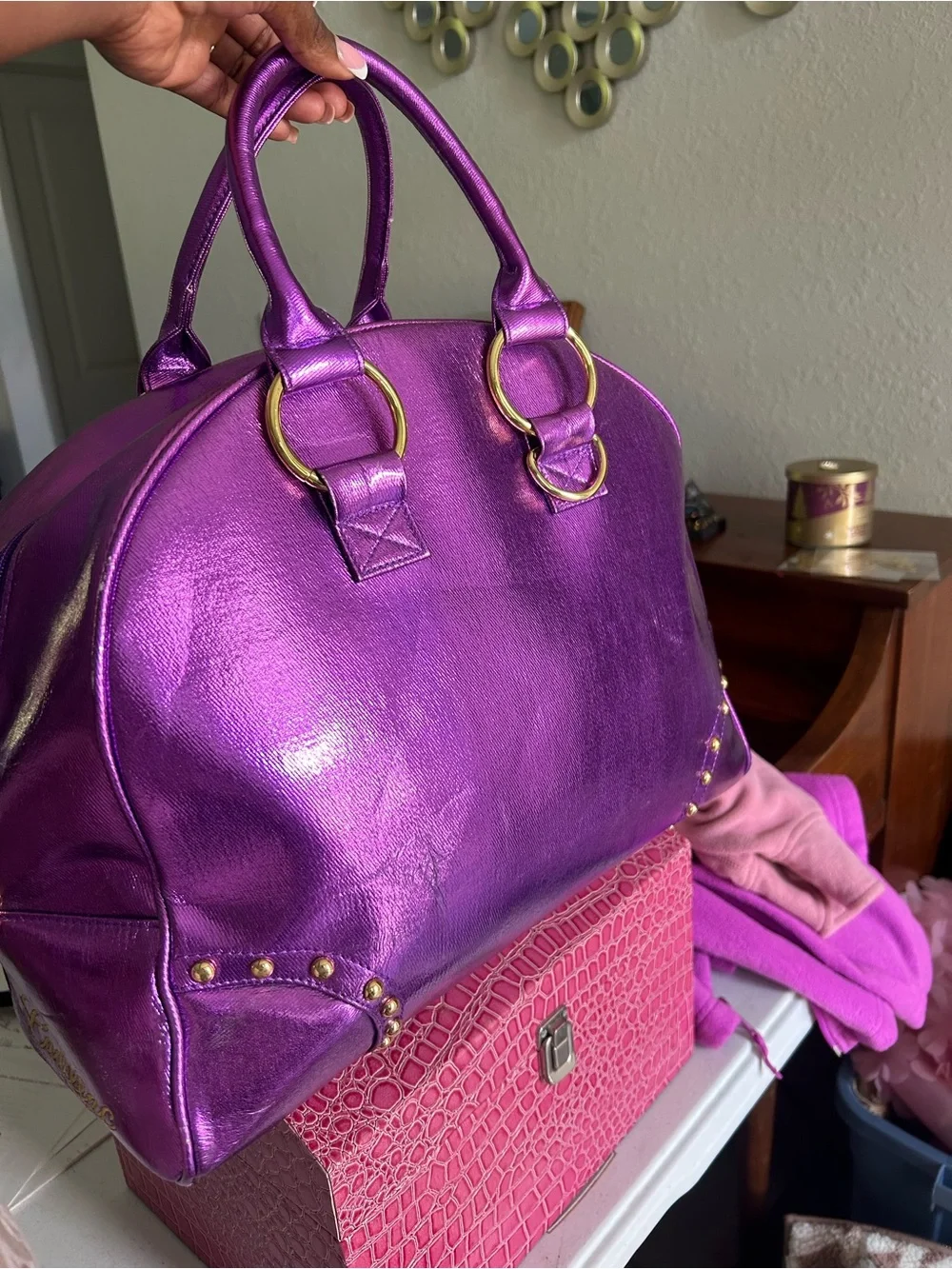 Metallic Purple Satchel with Gold Crest Emblem